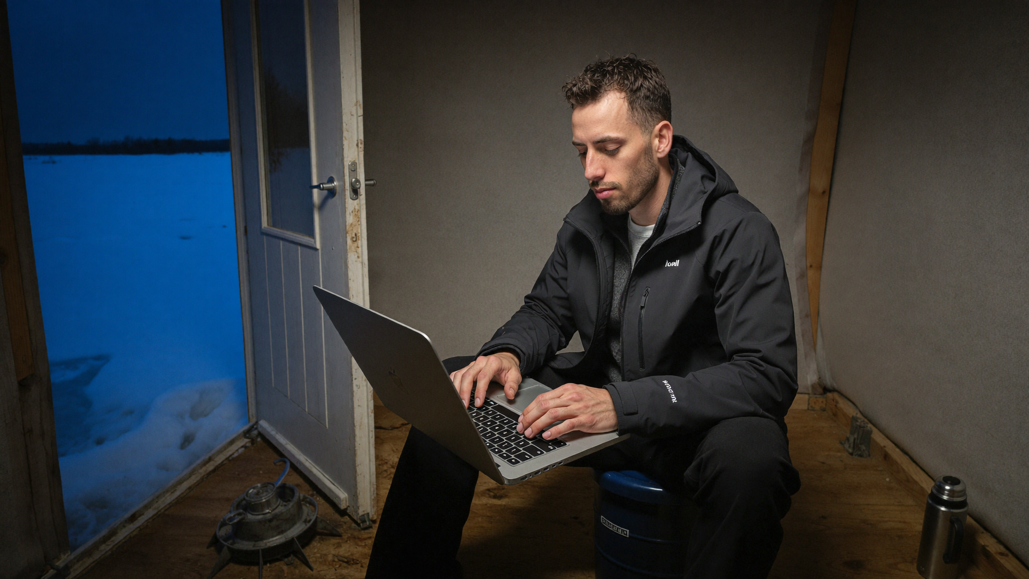 A man working by laptop light inside a dark ice fishing hut with blue twilight and aurora through the open door