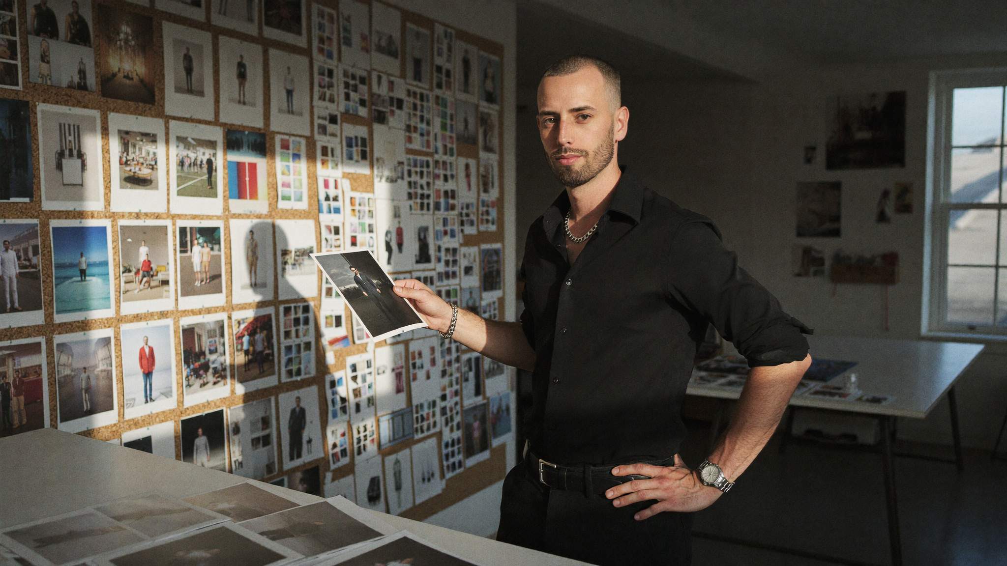 A designer stepping back from a pinboard of printed identity work in a studio