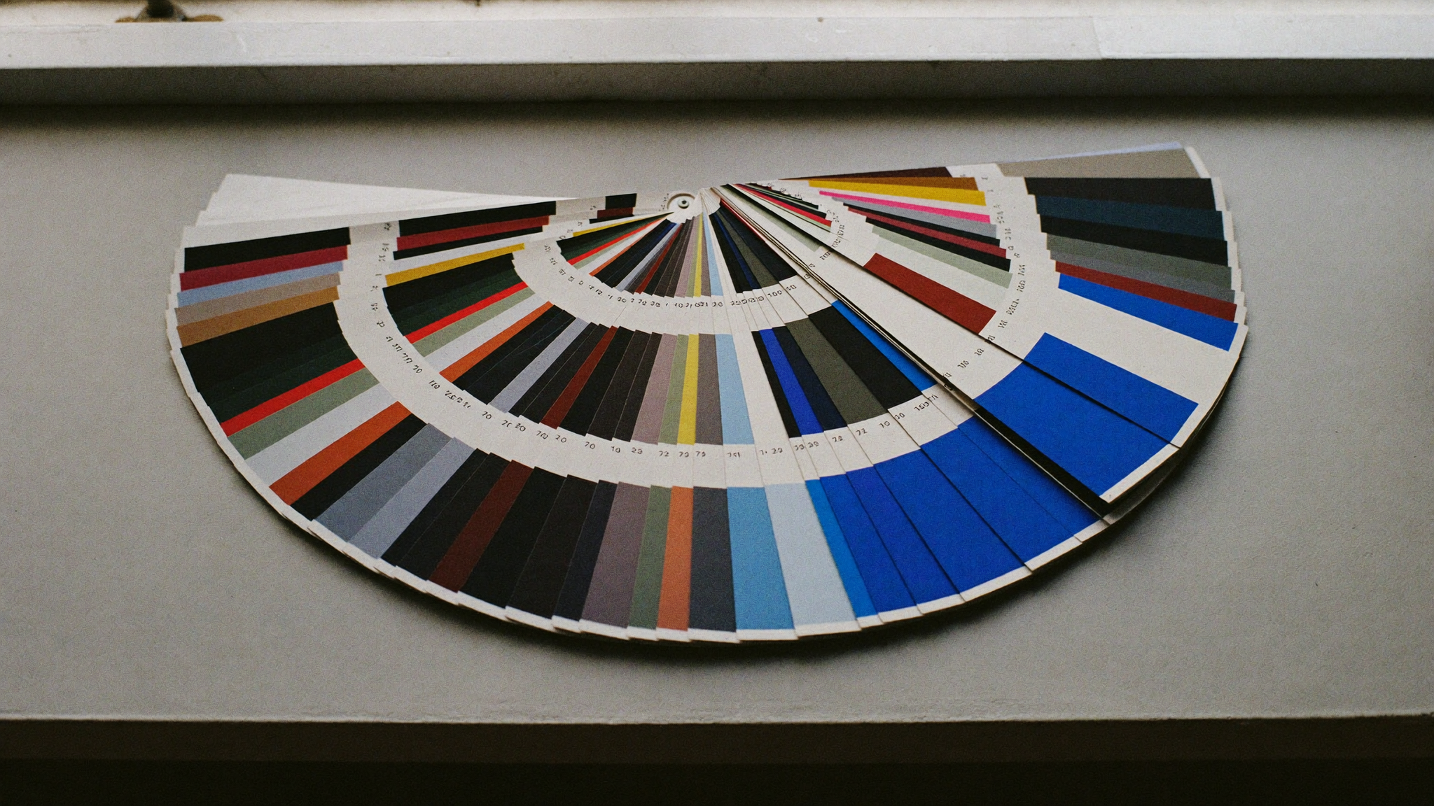 A printer swatch fan deck spread open across a table, mostly neutrals with one run of blue
