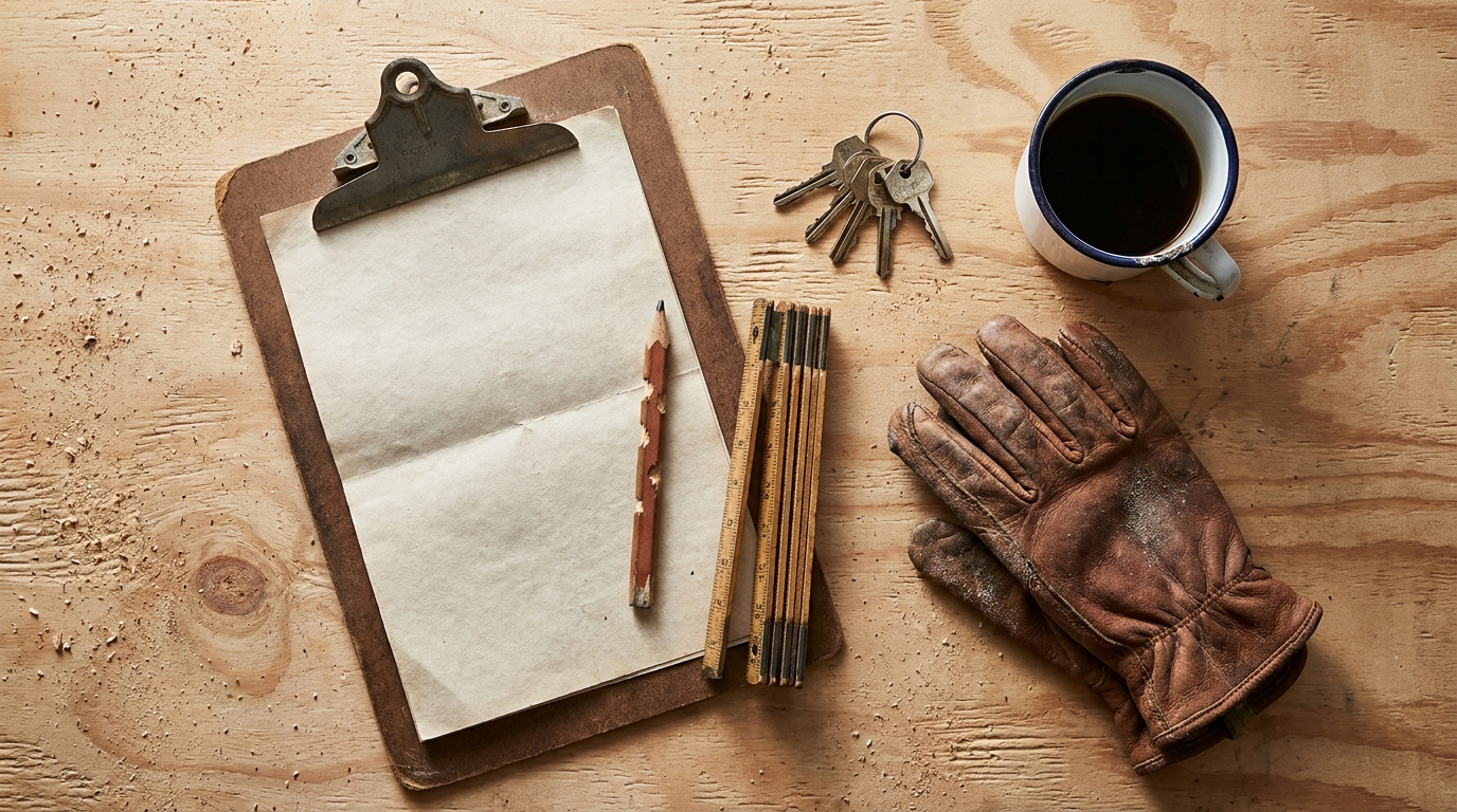 Clipboard estimate, folding rule, keys, mug and work gloves laid out on a plywood sheet