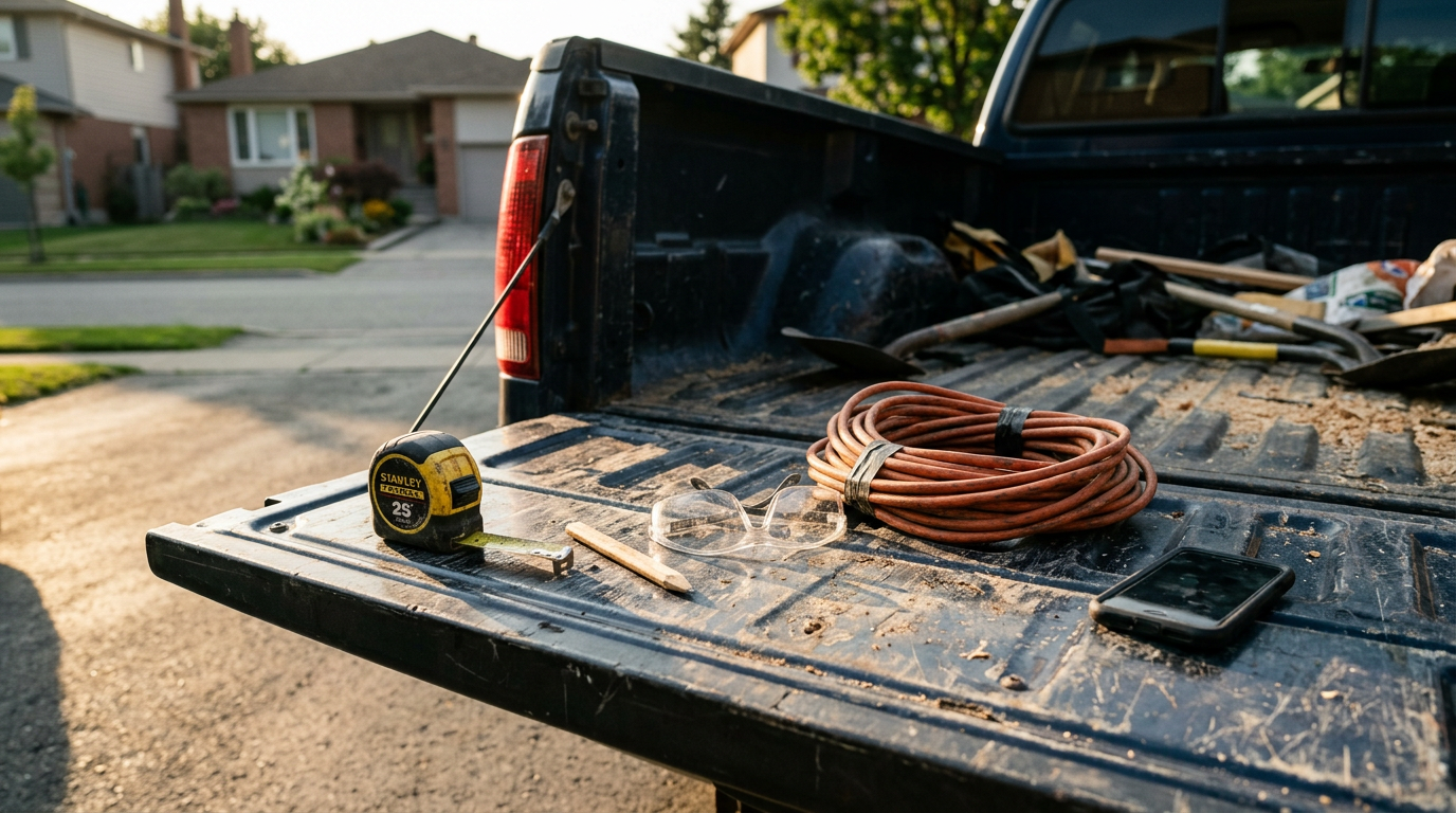 Tape measure, safety glasses and a phone on the open tailgate of a contractor pickup truck