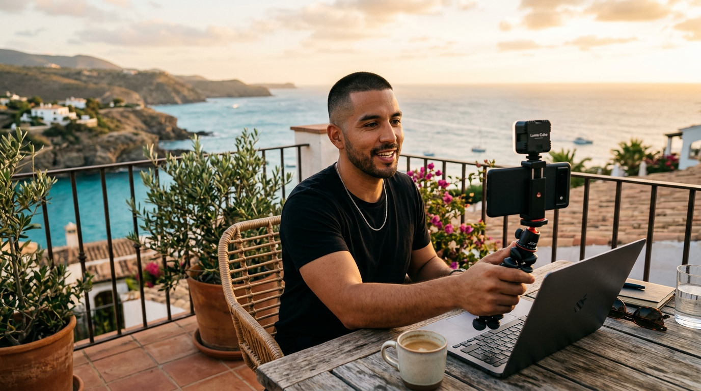 A solo creator filming short form content on a phone from a balcony, the human production that AI clones are now competing with