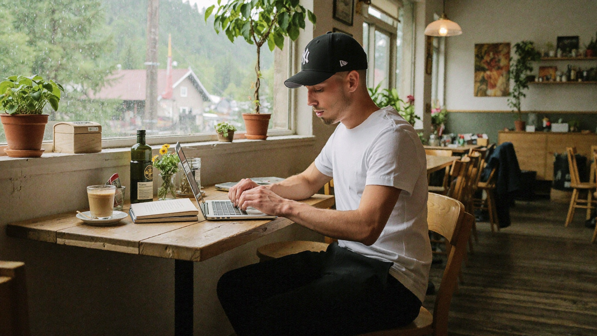 Founder working through an ecommerce platform decision from a cafe