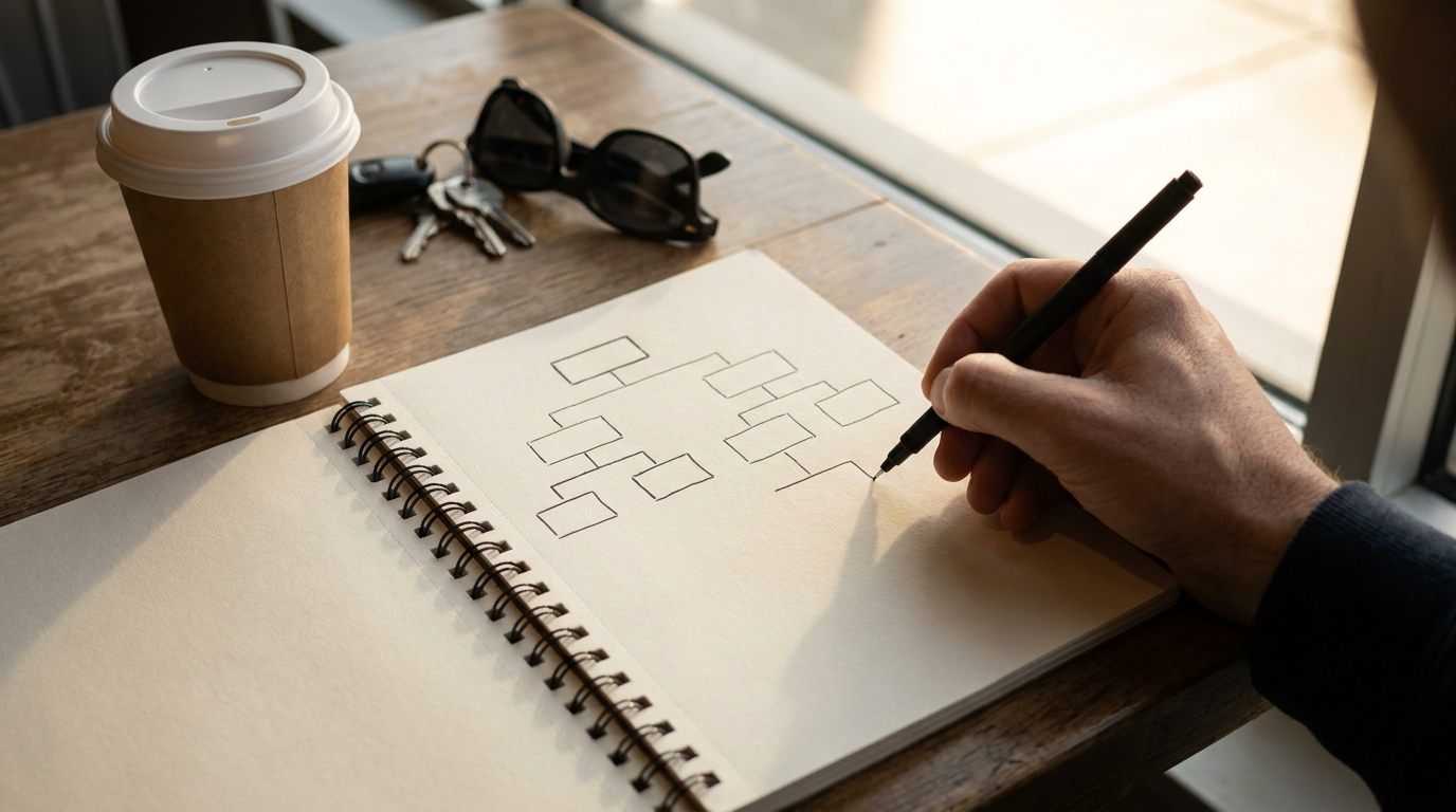 A hand-drawn diagnostic decision tree sketched in a notebook