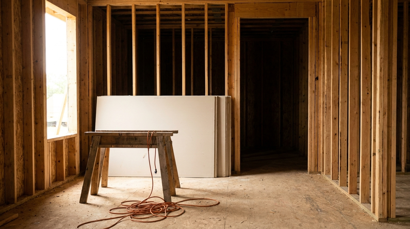 Newly framed stud walls and stacked drywall sheets inside a house under renovation
