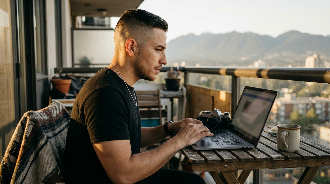 Comparing image quality on a laptop from a mountain balcony while choosing between WebP, AVIF, and JPEG