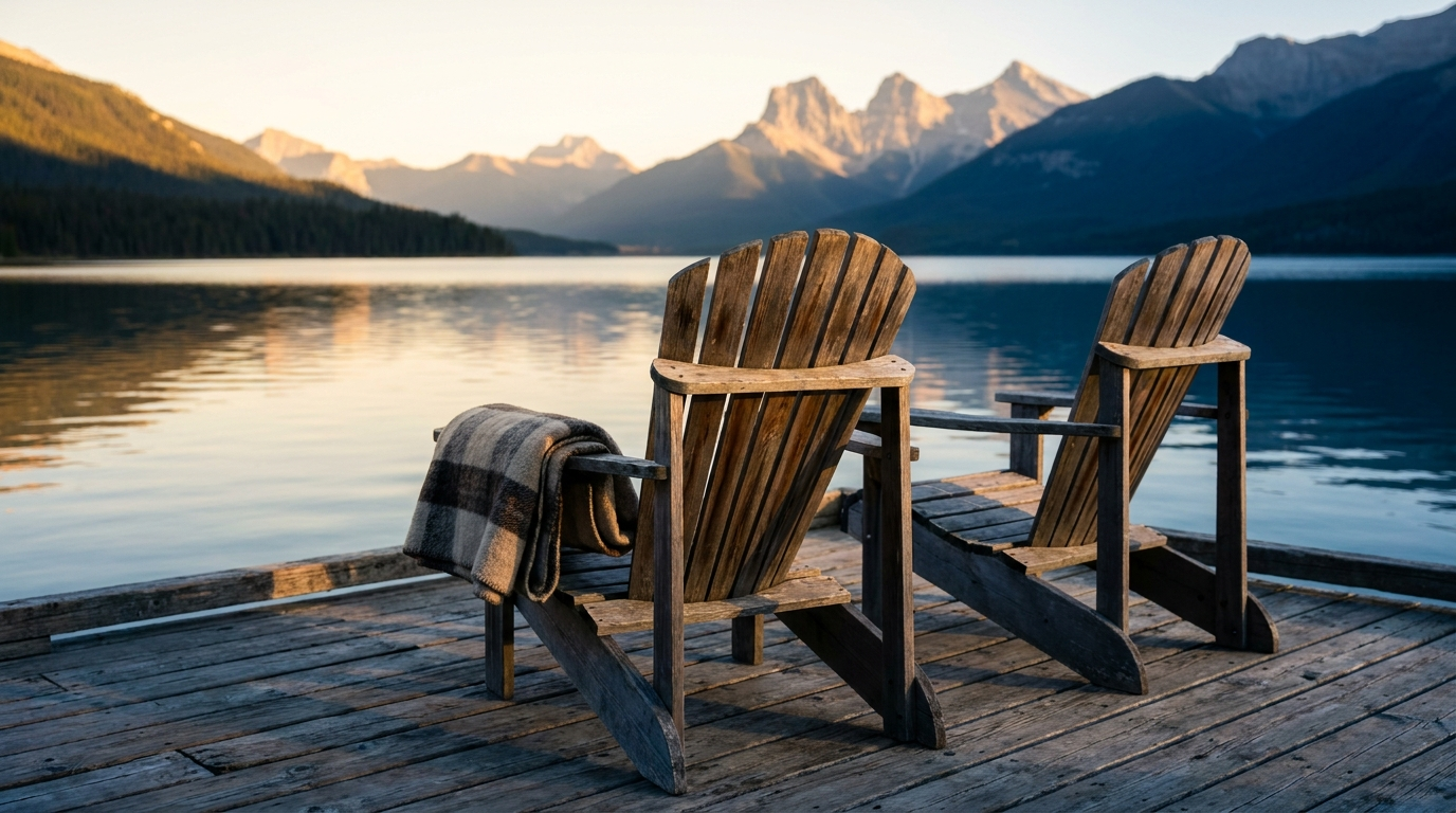 Two weathered wooden chairs on a small dock facing a Rocky Mountain lake at golden hour