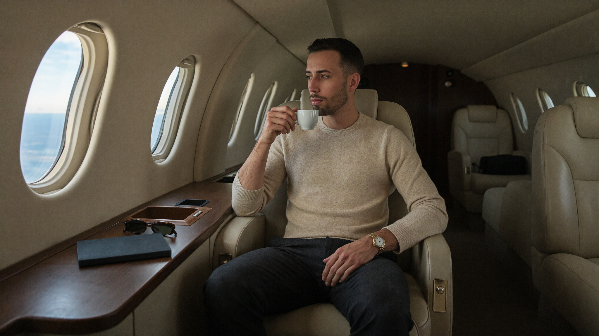 Cody Wise seated by the window of a private jet cabin in cool morning daylight