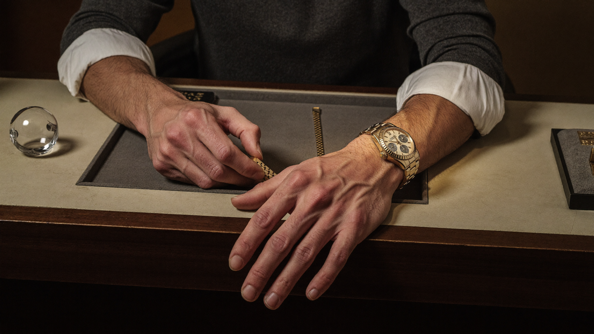 A tight detail shot of hands adjusting a gold and steel watch bracelet under a warm retail spotlight