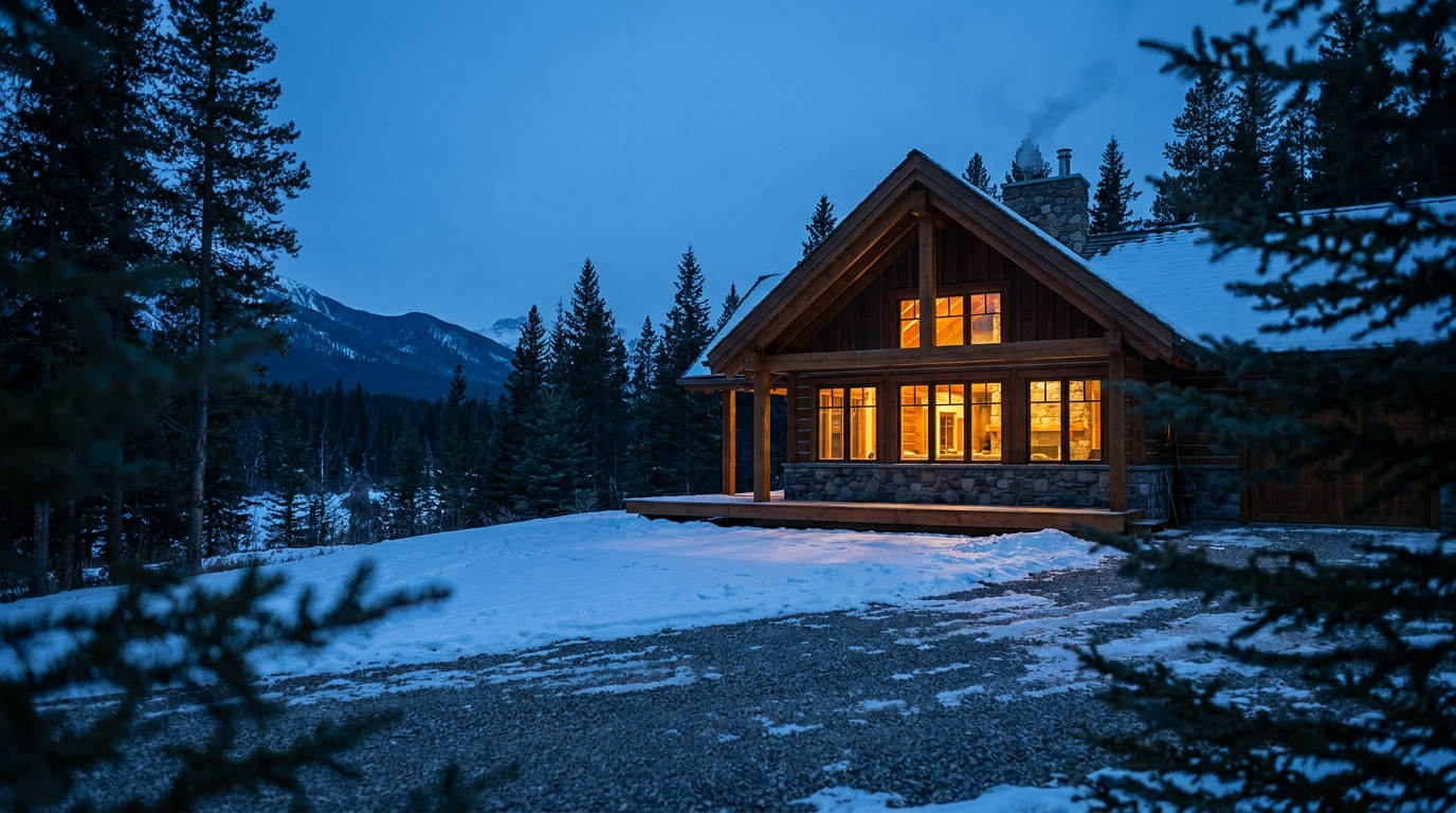 A timber and stone cabin in the Canadian Rockies at blue hour with warm light in the windows