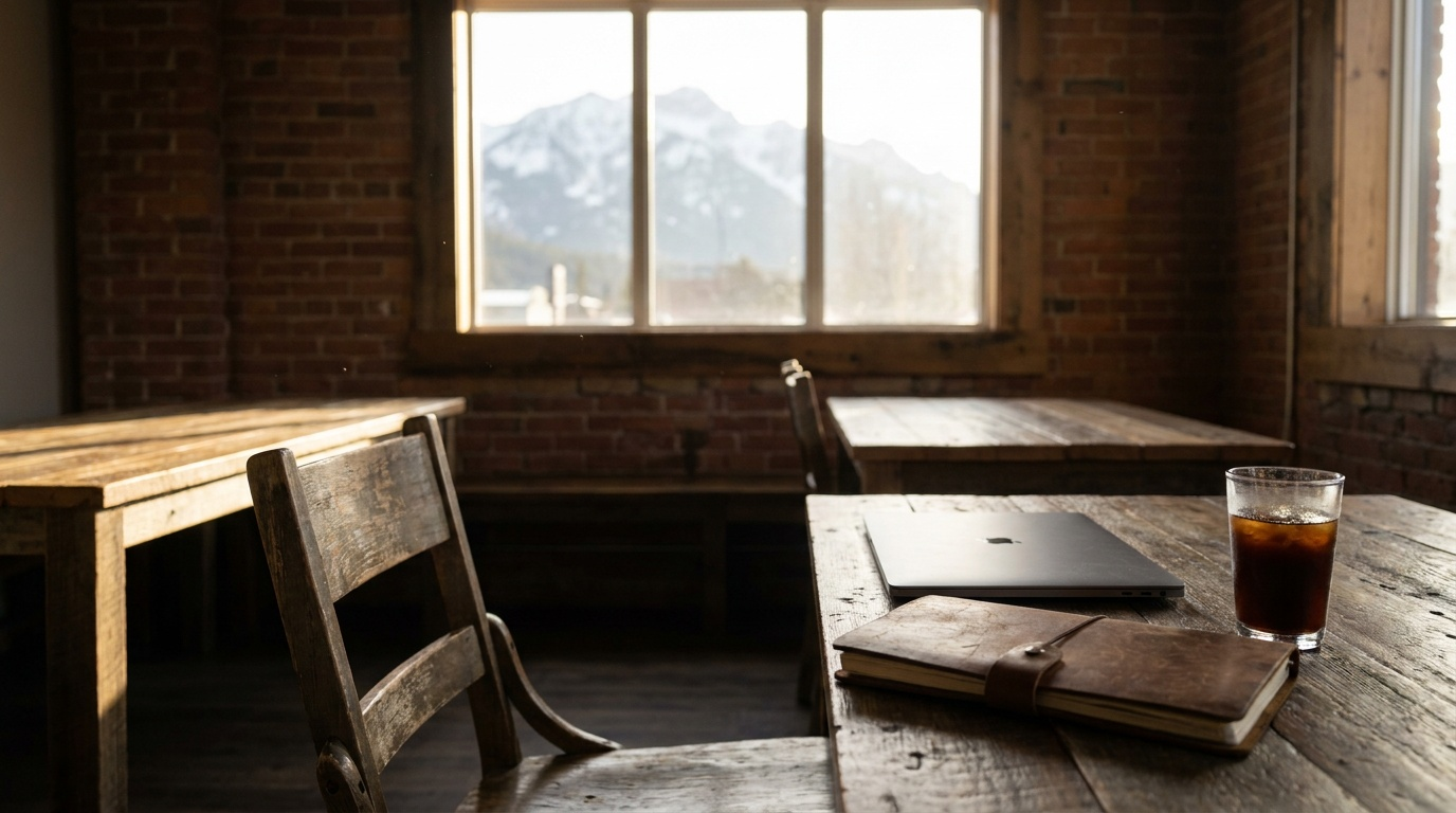 An empty coworking table with snow-dusted peaks visible through the window