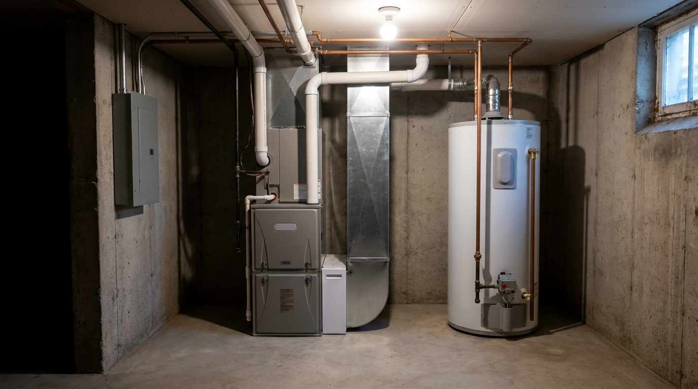 A high-efficiency furnace and hot water tank newly installed with clean copper and PVC runs