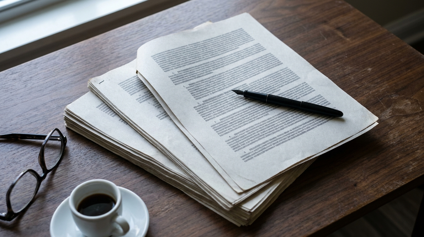 Printed statute pages fanned across a desk with a fountain pen