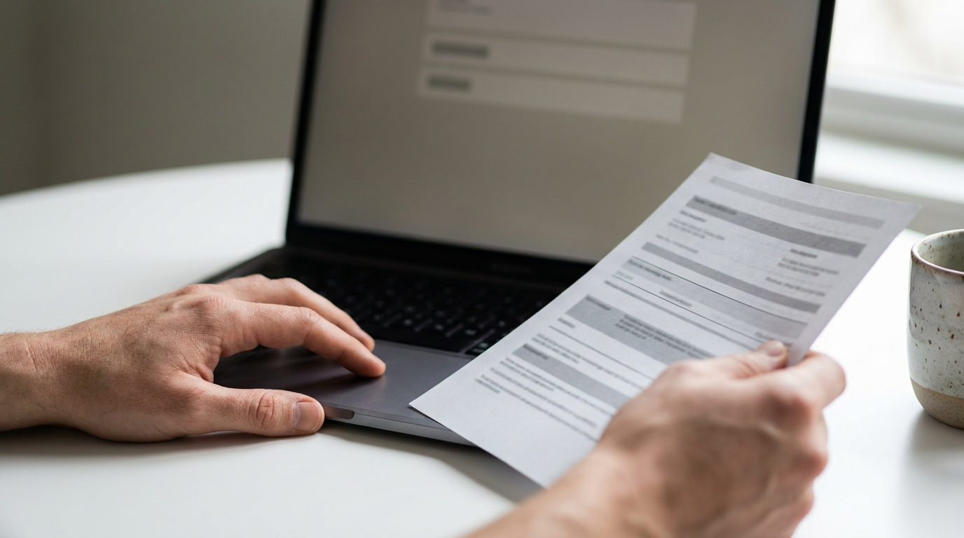 Hands holding a printed proposal document beside an open laptop