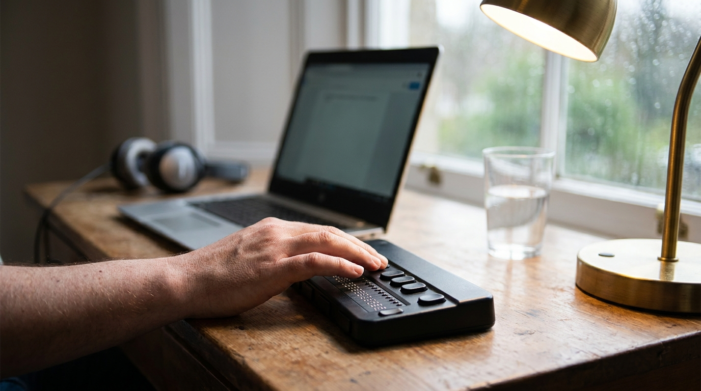 A refreshable braille display in use beside a laptop