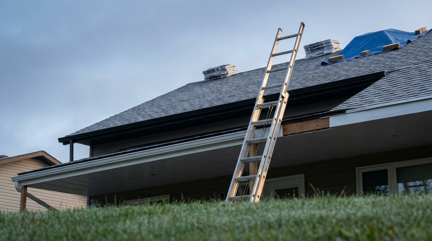 Extension ladder against the eave of a house with new shingle bundles stacked on the roof slope