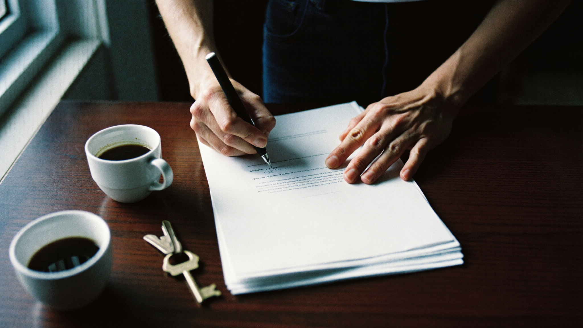Hands signing printed documents at a desk, the legal wrapper that a token points at