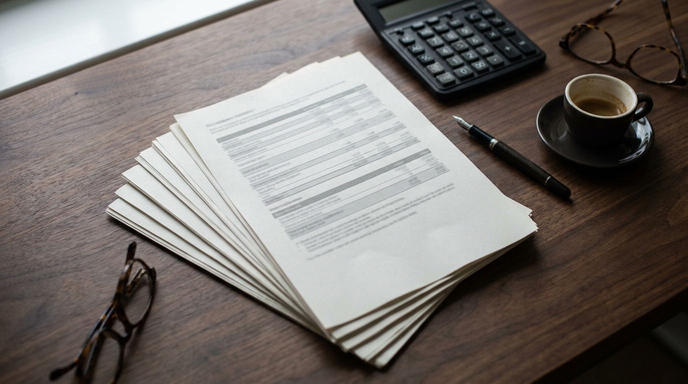 SEO proposal pages, a calculator and a coffee laid out on a wooden desk