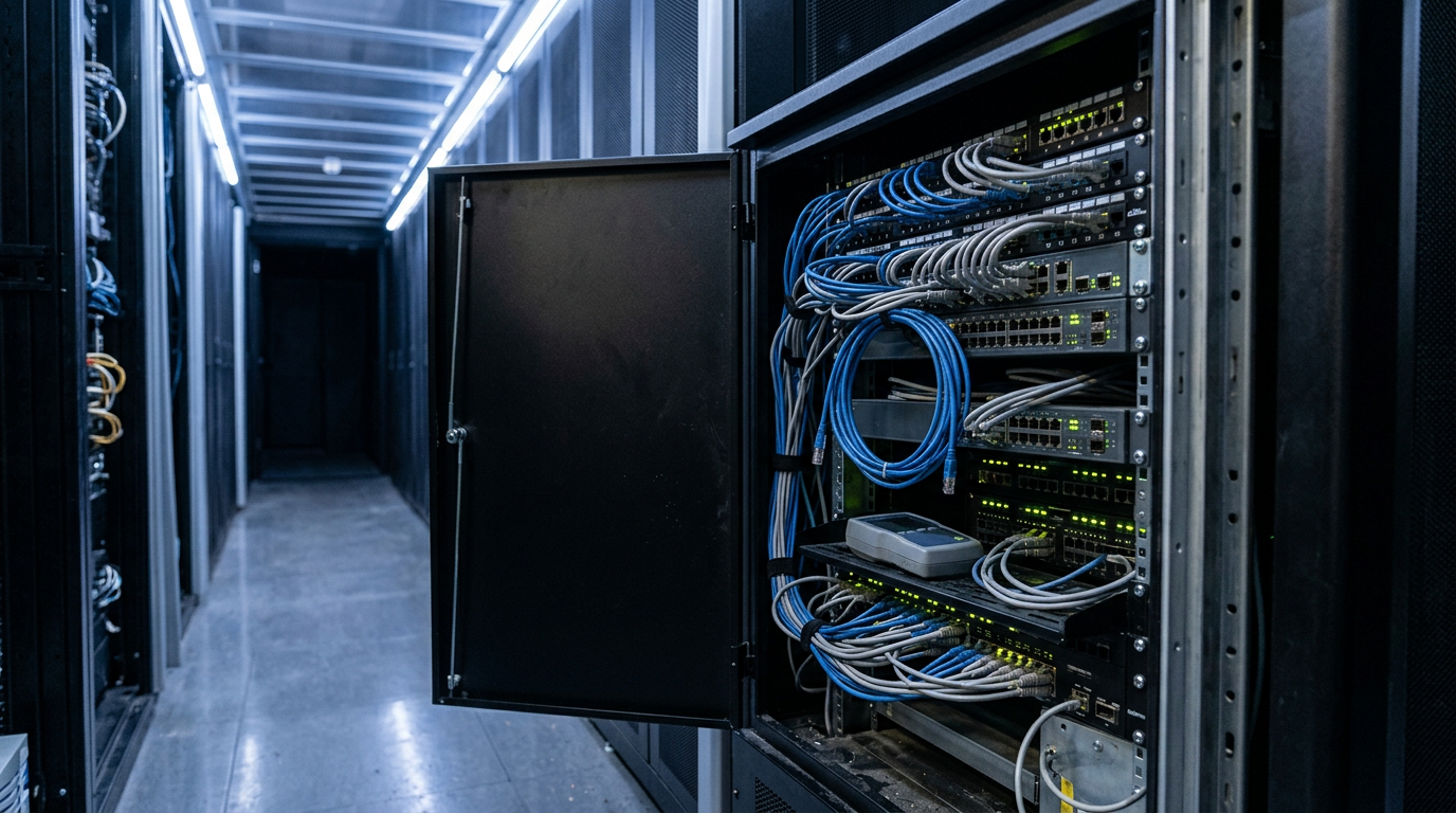 A server rack with patch cables and status lights in a data centre aisle