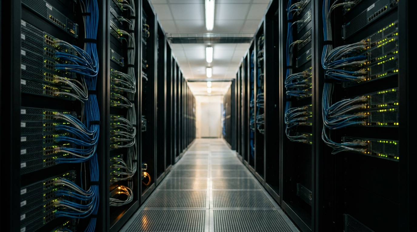Server racks with dense blue patch cabling and amber status lights receding down a data centre aisle