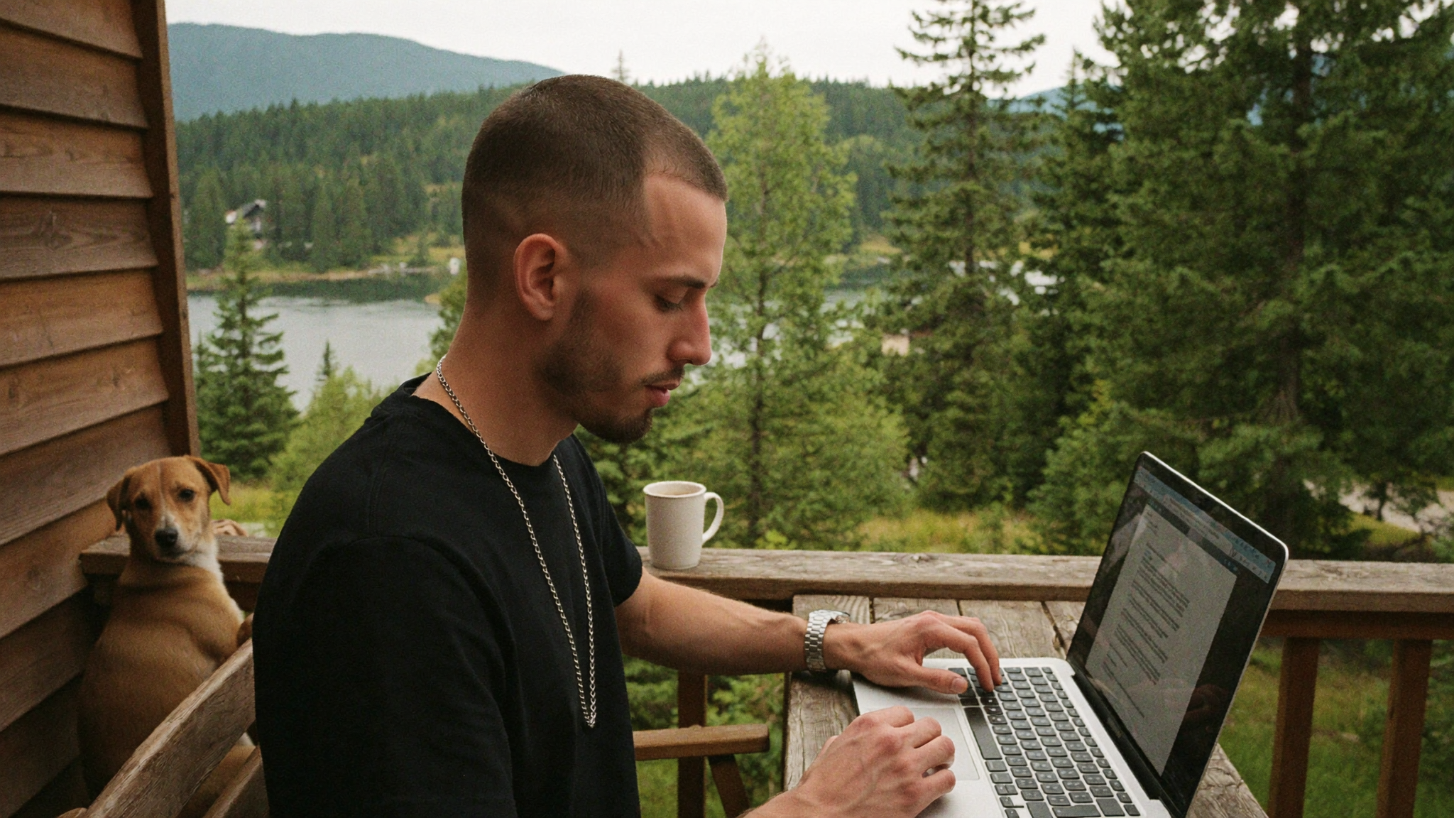 Short-term rental operator reviewing booking revenue on a laptop from a cabin deck overlooking a lake