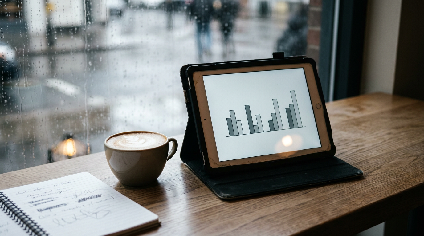 A tablet on a rainy cafe table showing a grouped bar chart with no labels