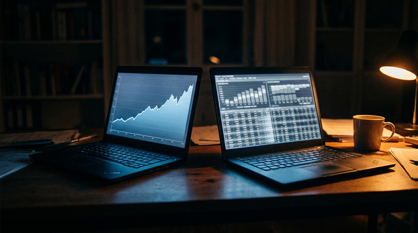 Two laptops side by side on a dark desk showing different analytics dashboards