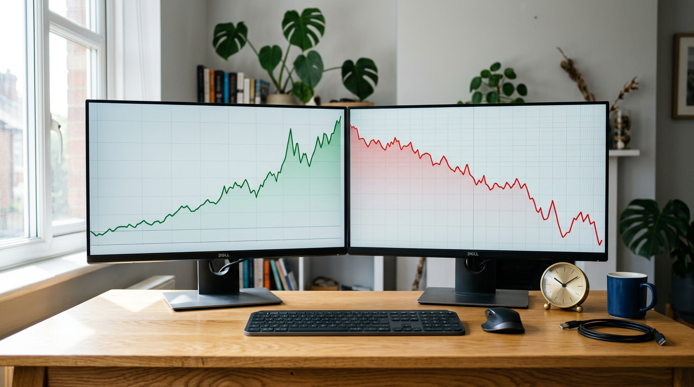 Two monitors displaying conflicting analytics trend lines