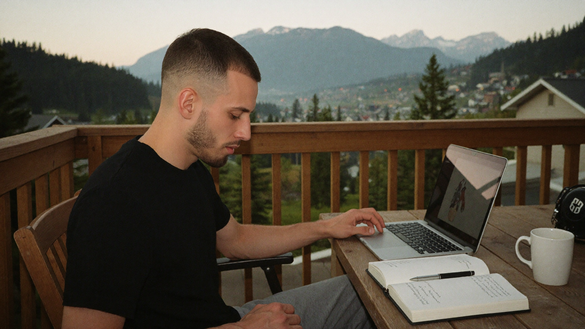 Founder reviewing website analytics on a laptop from a mountain balcony before a site redesign