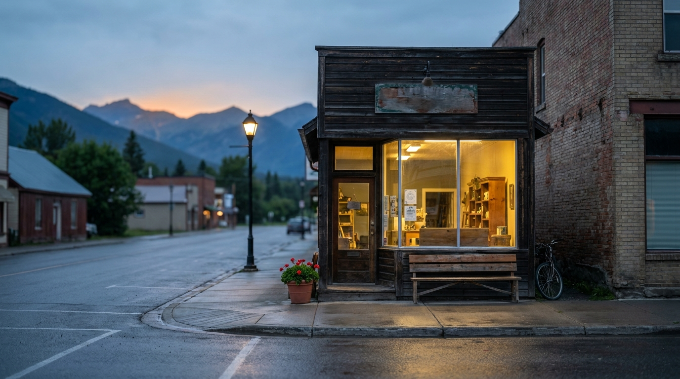 An independent storefront on a Canadian mountain town main street at dusk