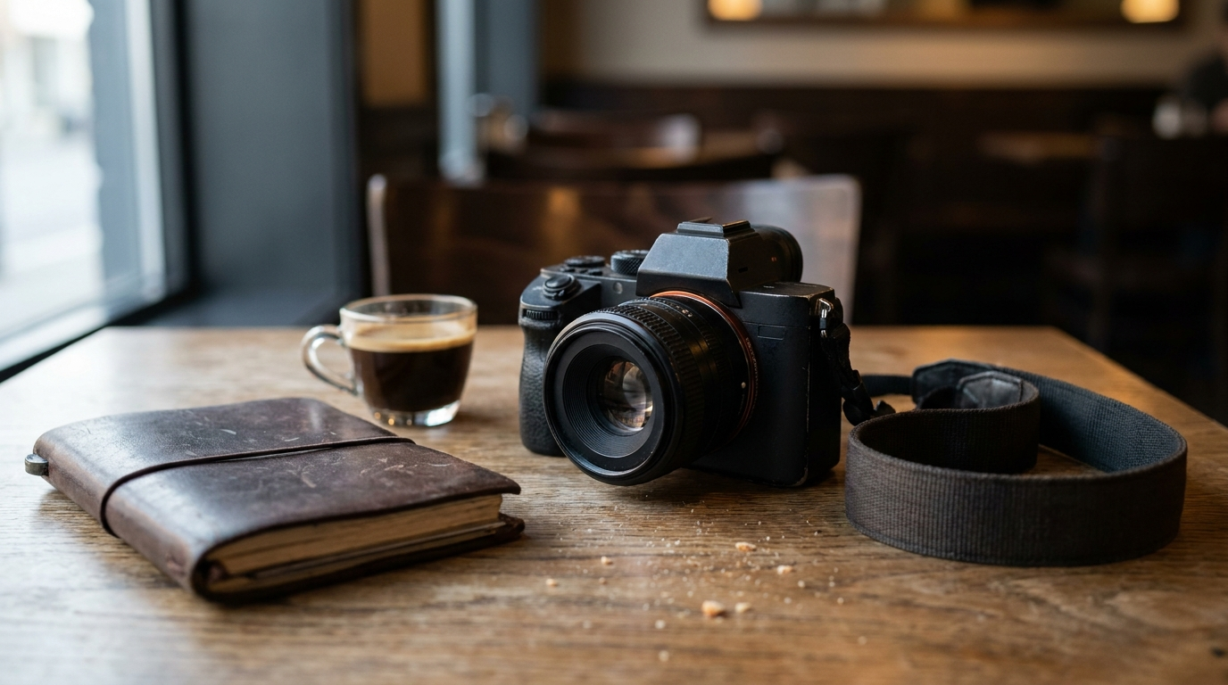 A camera and leather notebook on a cafe table beside an espresso