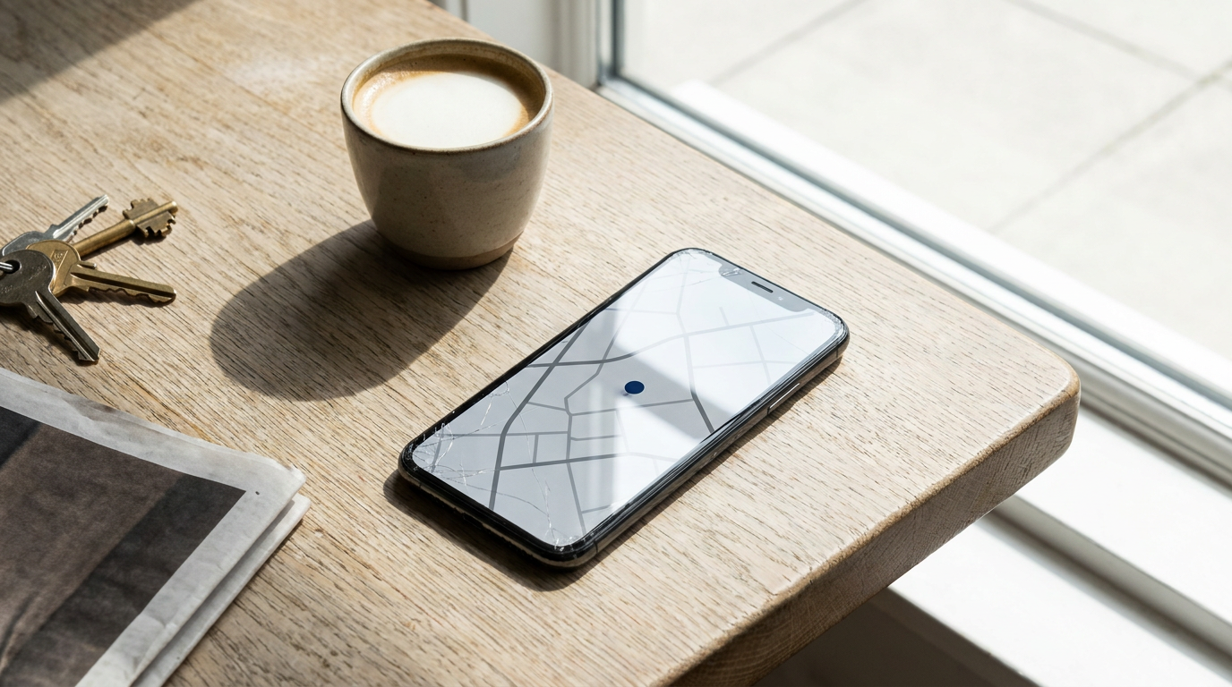 A phone on a cafe table displaying a map with a single location pin