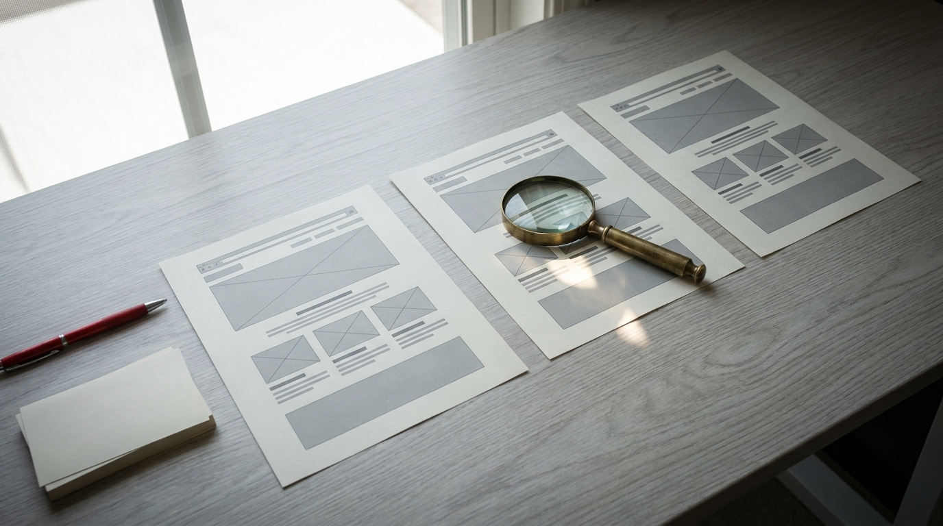 Printed page wireframes under a brass magnifying glass on a desk