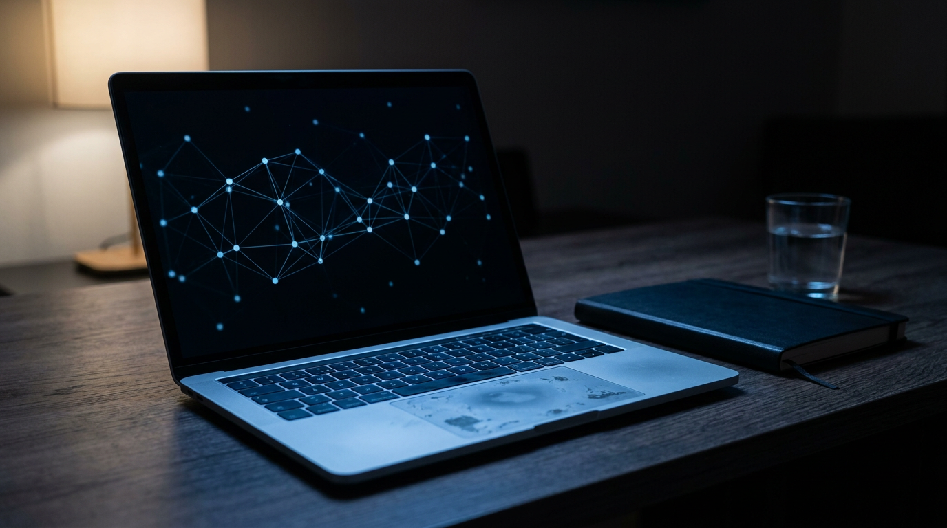 A laptop displaying an abstract node and line graph on a dark desk
