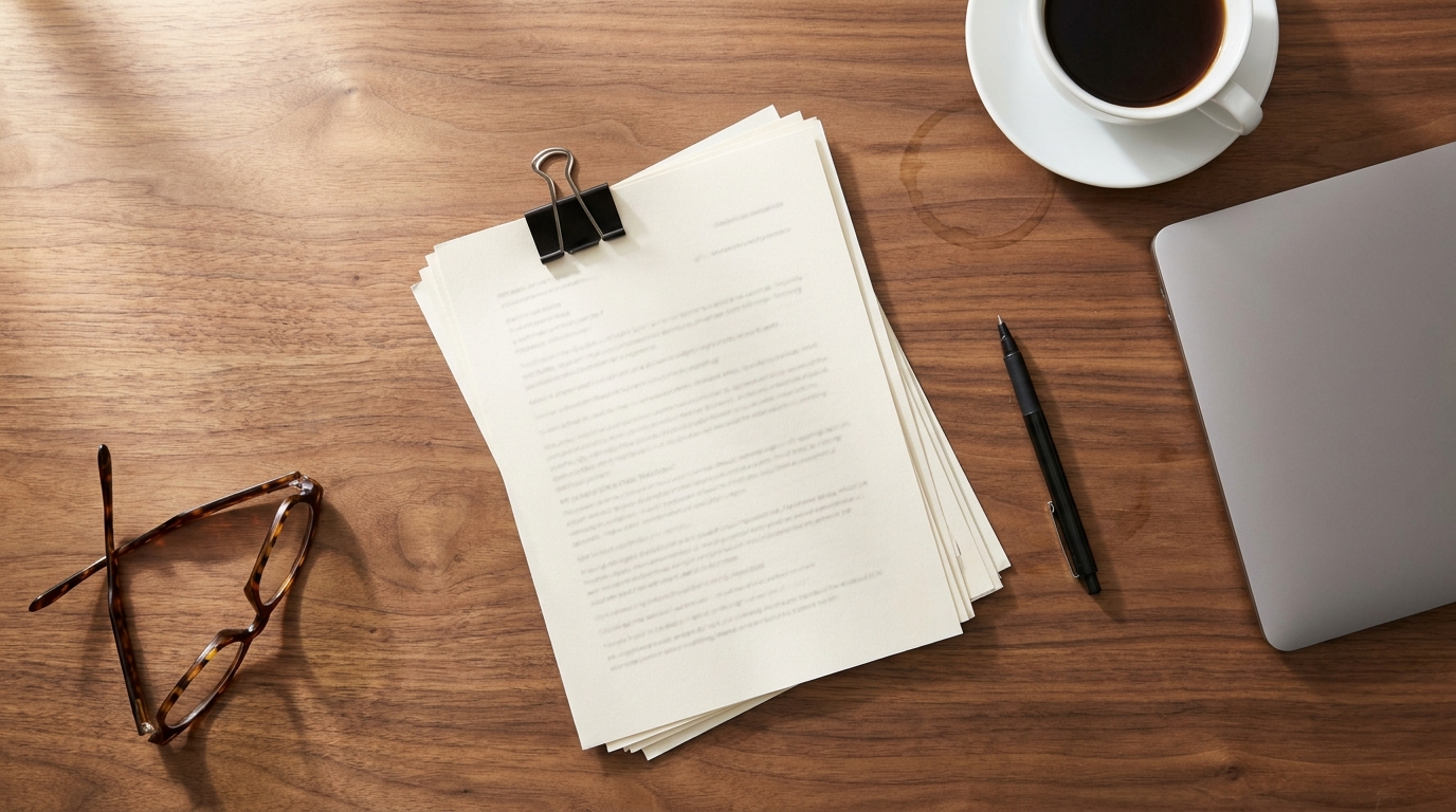 Printed website brief pages clipped together on a desk beside a laptop, pen and coffee
