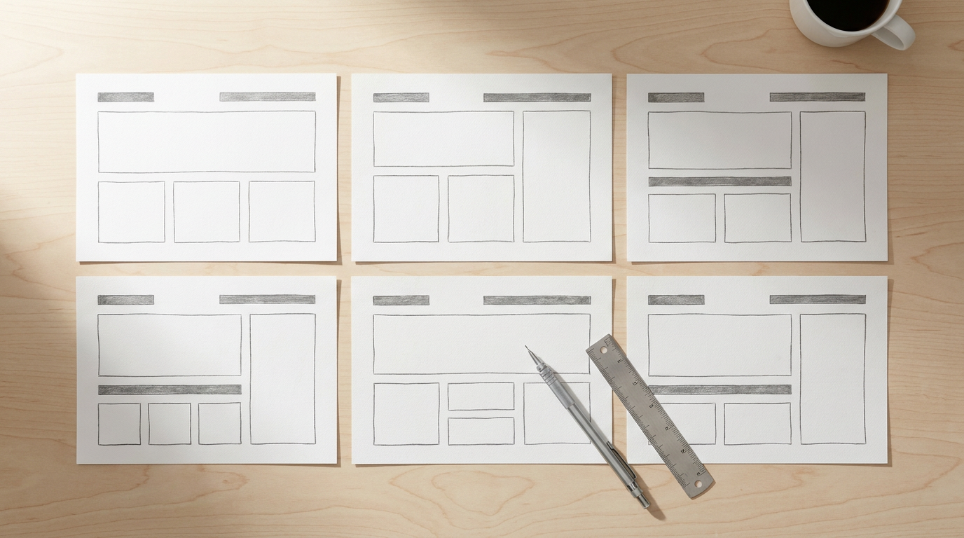 Six hand drawn website page layout sketches laid out on a desk