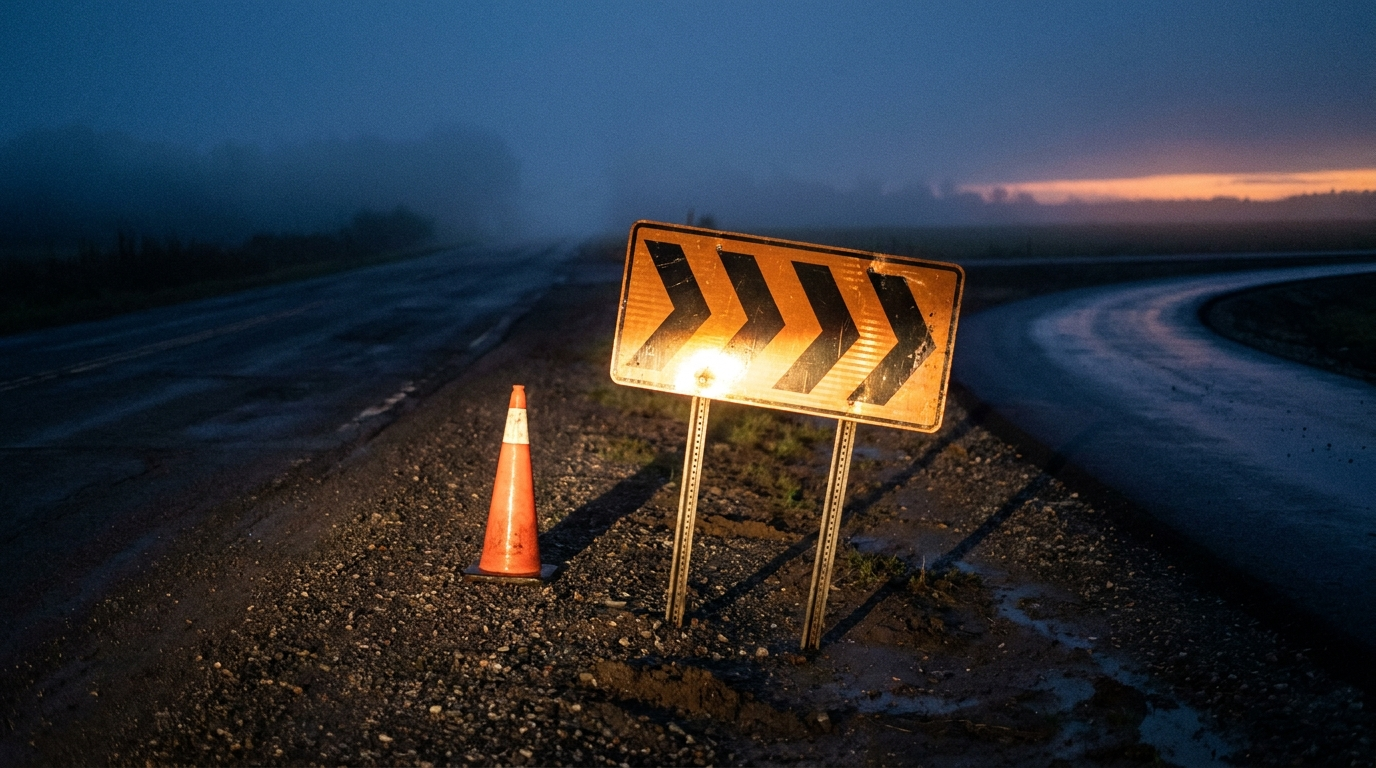 A roadside chevron detour board pointing traffic onto a new route at dusk