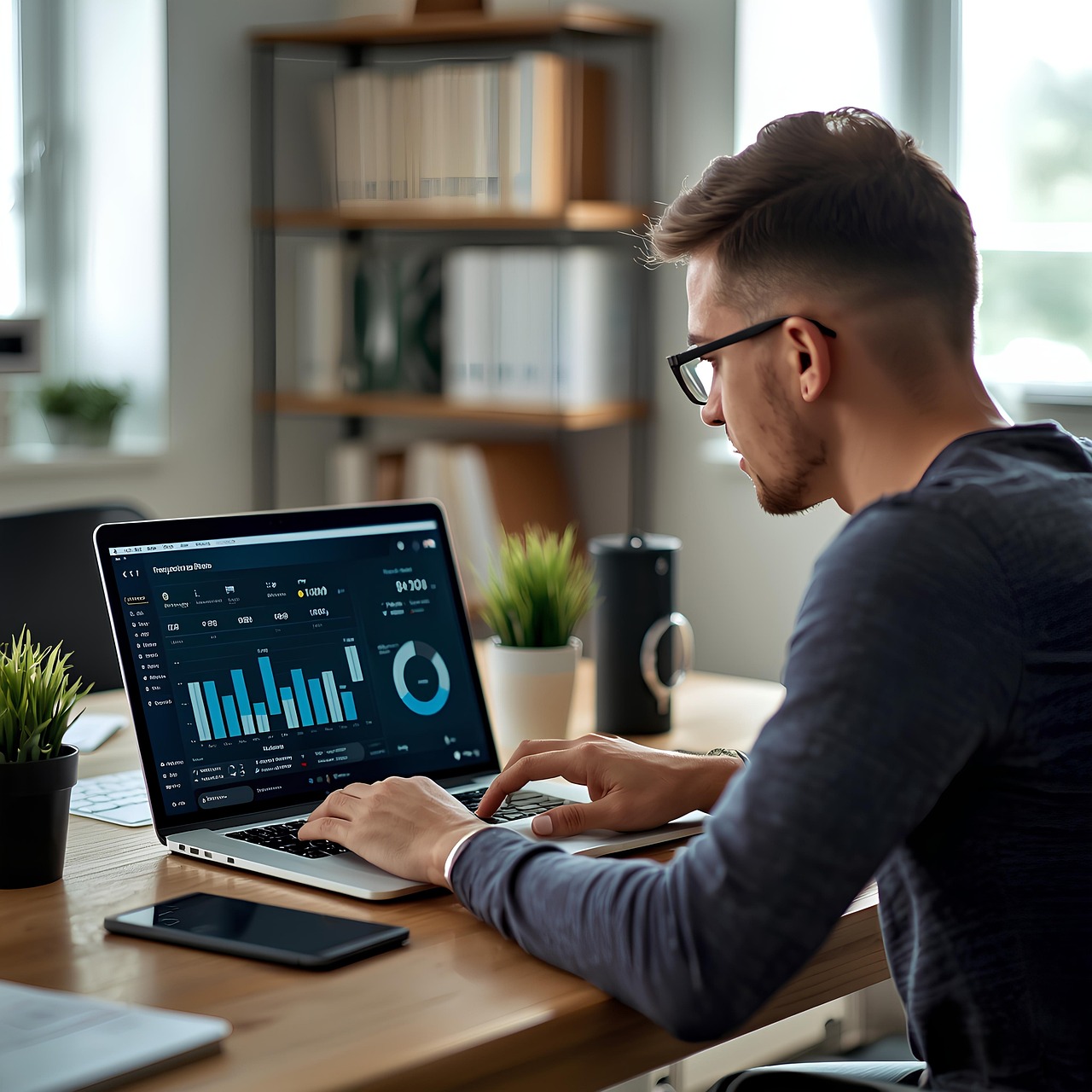 A marketer reviewing a performance dashboard on a laptop, the measurement layer Ads Manager reporting and UTM parameters have to feed.