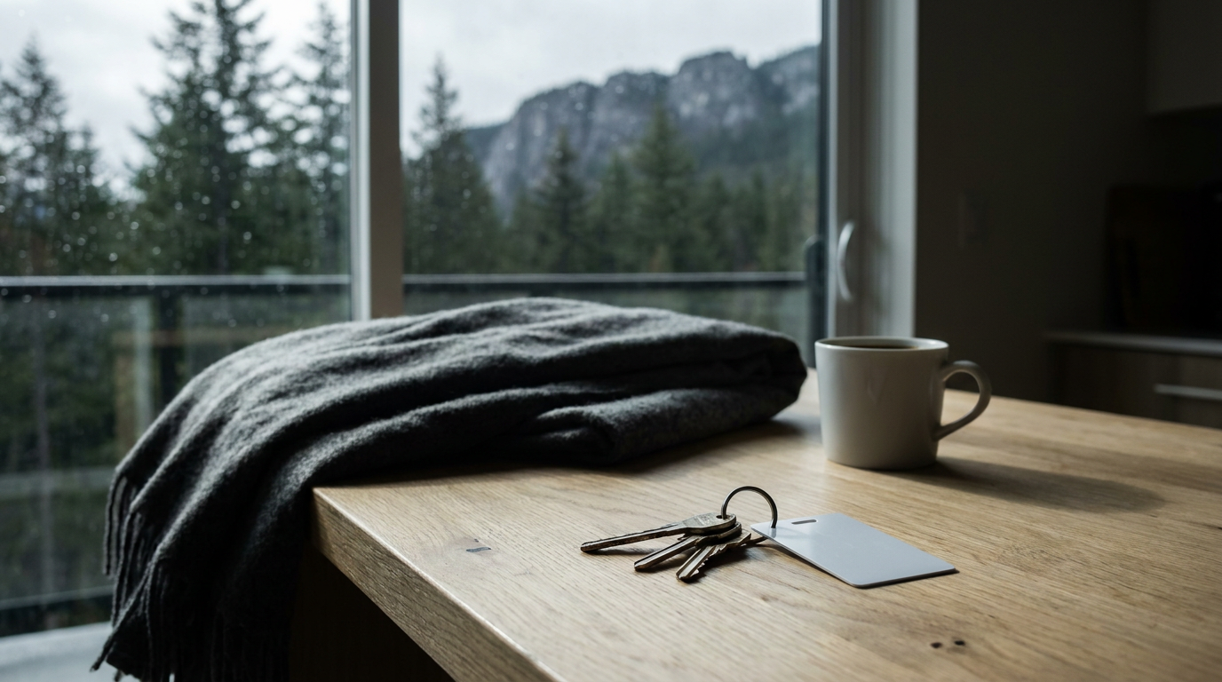 House keys and a blank keycard on a mountain-town condo counter