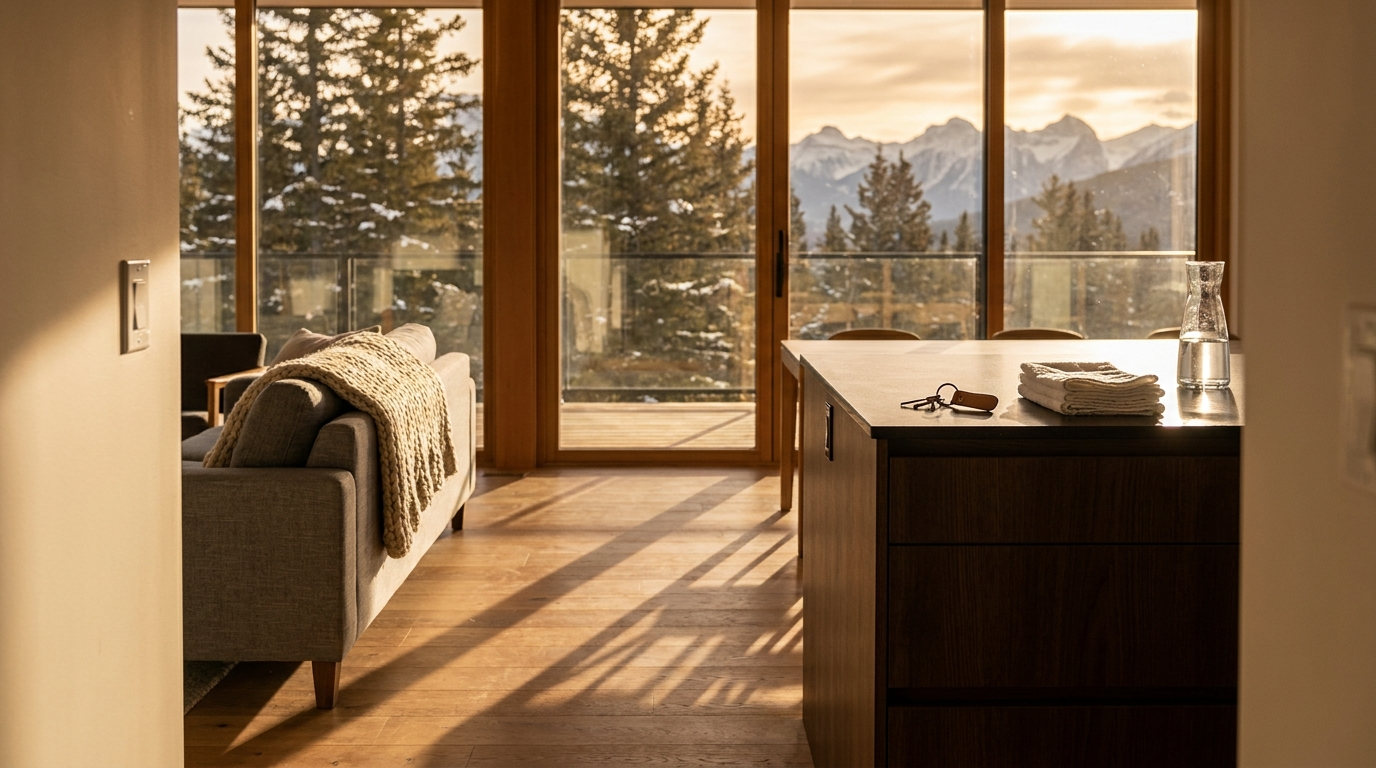 Empty short-term rental condo in a Canadian mountain town at golden hour, keys and folded towels on the kitchen island, ready for the next guest