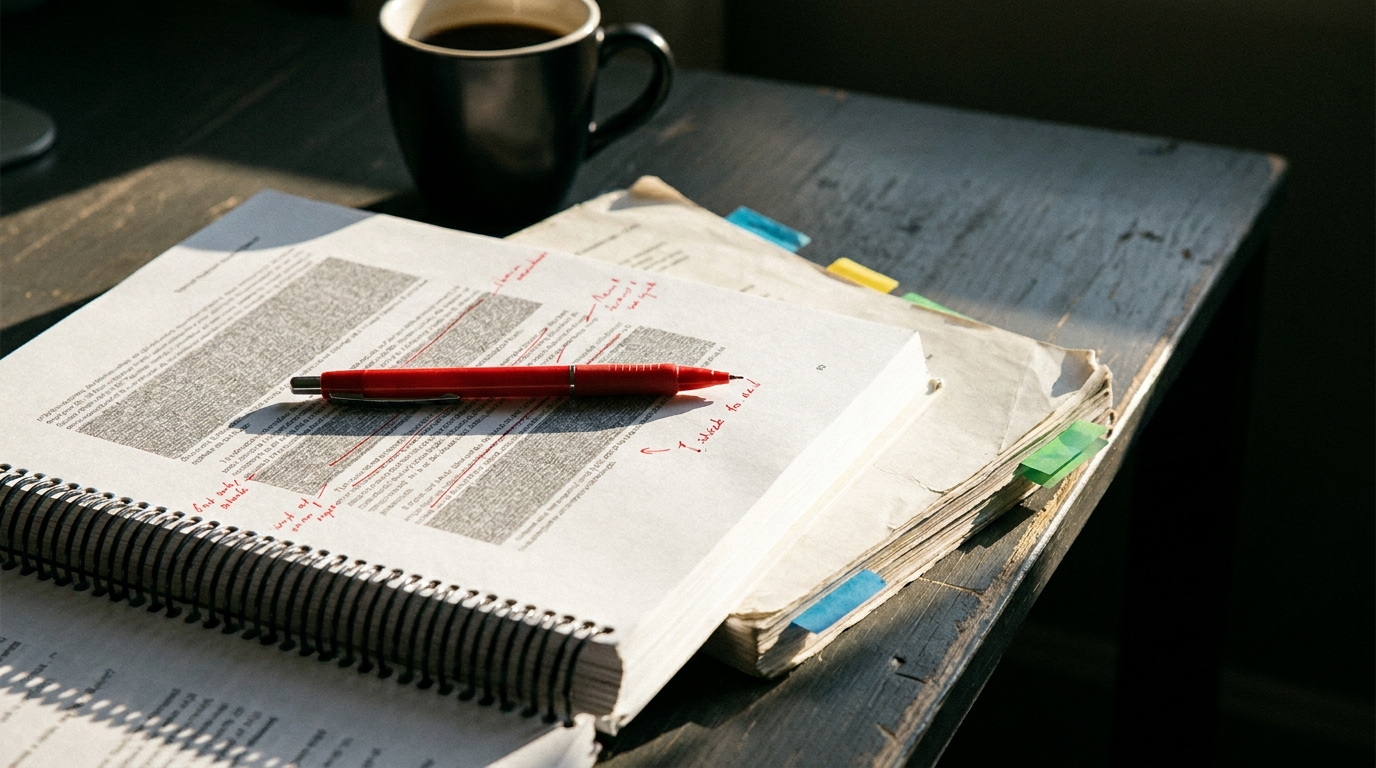 A spiral bound technical report open on a desk with lines struck through and annotated in red pen