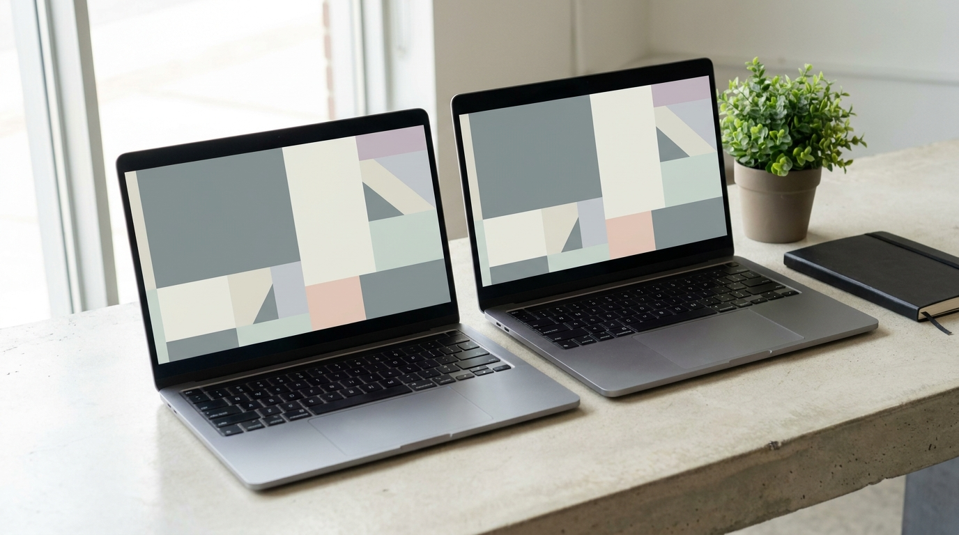 Two laptops side by side showing identical website layouts, illustrating the requirement that a French version be available on no less favourable terms than the other language