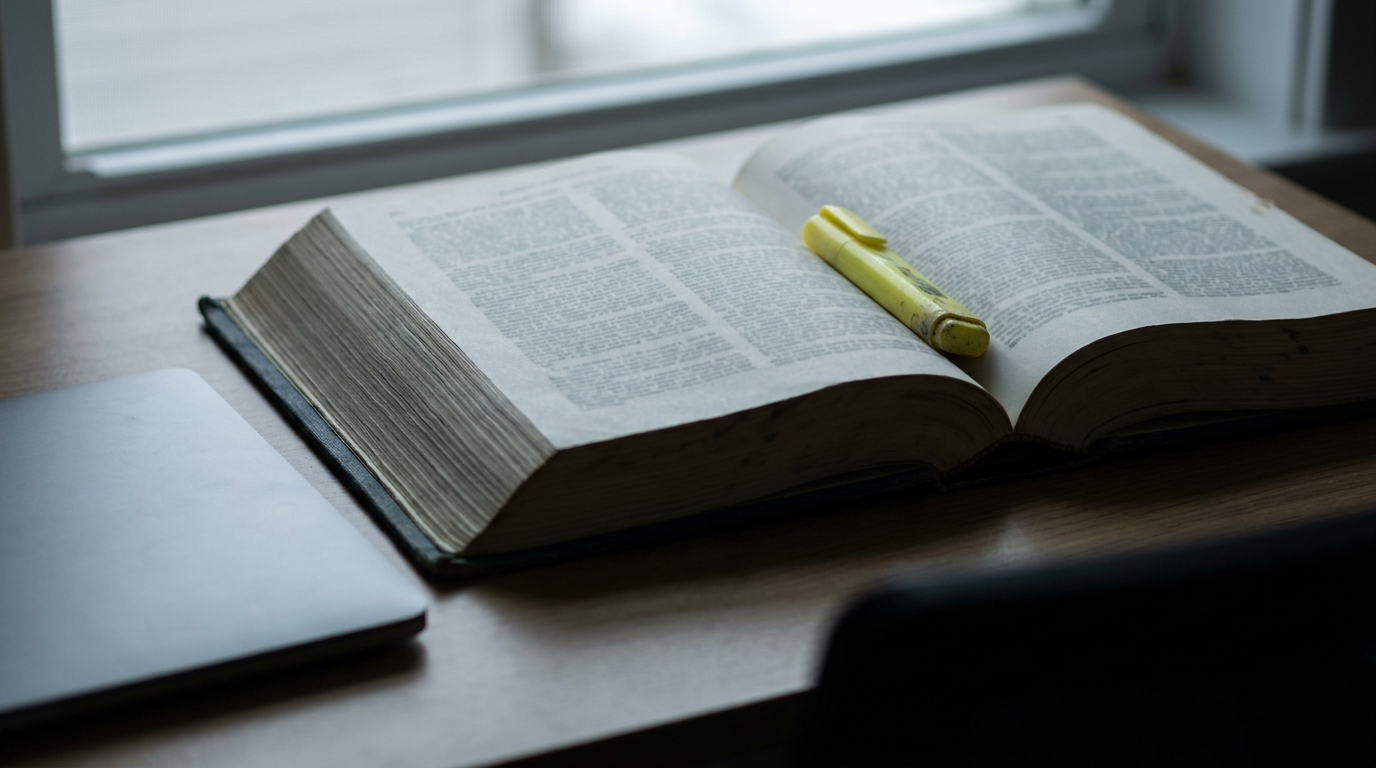 An open printed statute volume beside a closed laptop with a yellow highlighter resting in the page gutter, representing reading the BPCPA amendments directly rather than relying on summaries.