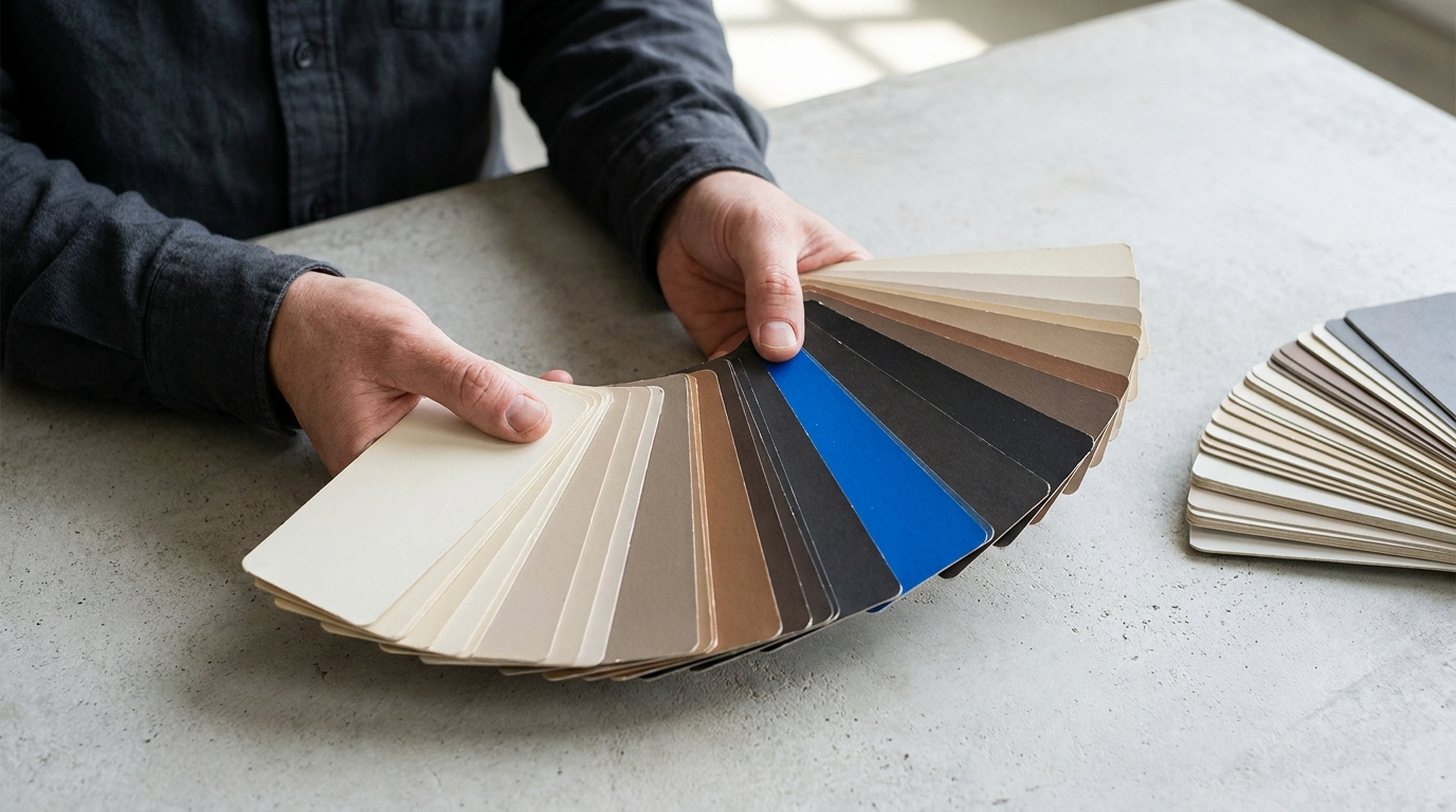 Hands holding an open colour swatch fan deck during brand colour selection