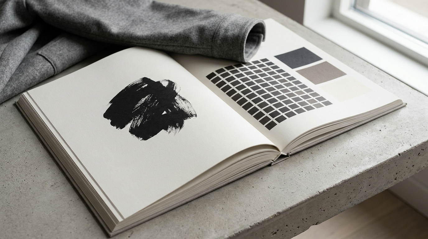 An open brand guidelines book showing a single abstract mark on one page and a grid with neutral colour swatches on the facing page