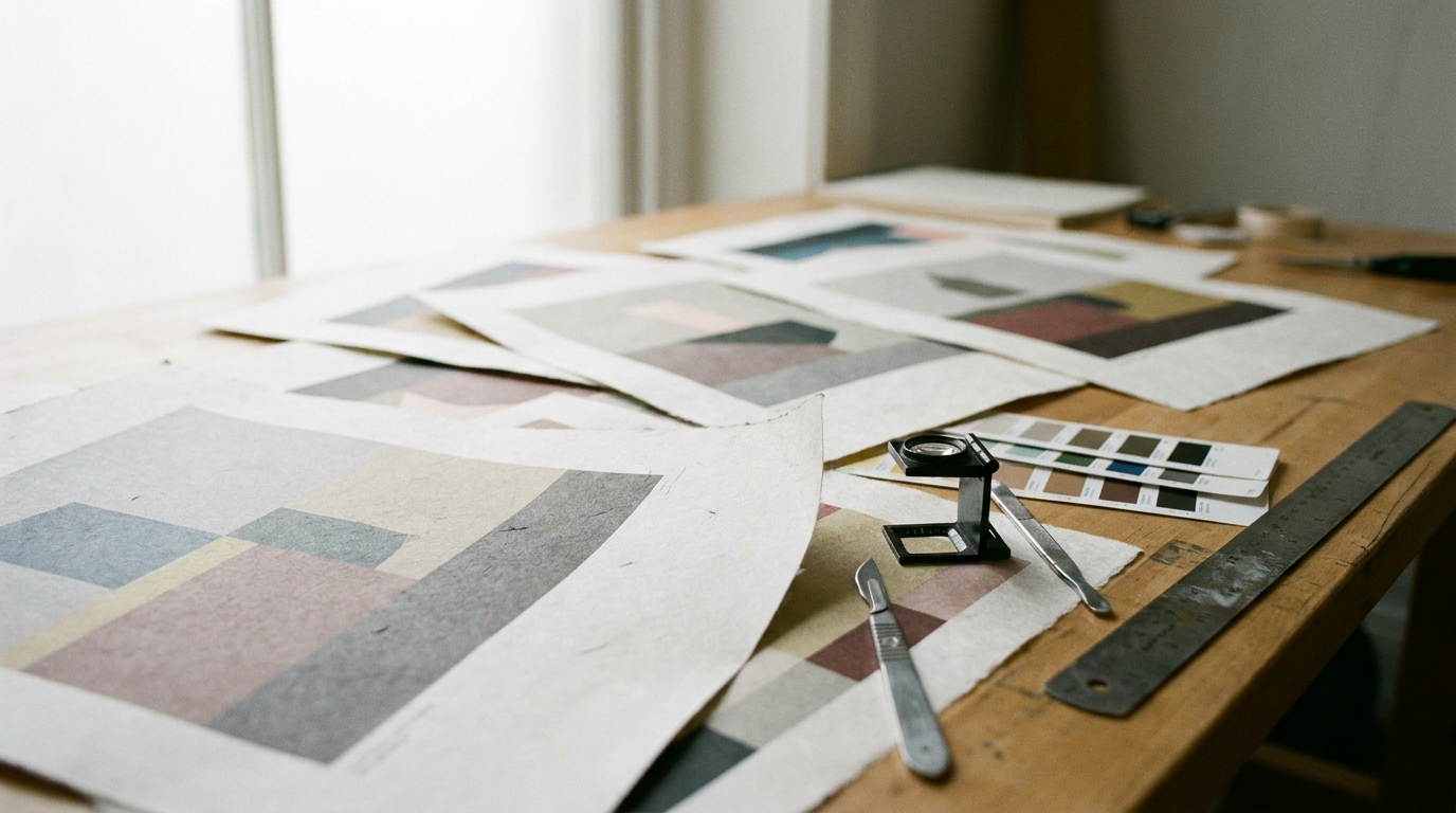 Printed brand identity proofs and colour swatches spread across a studio table during a rebrand