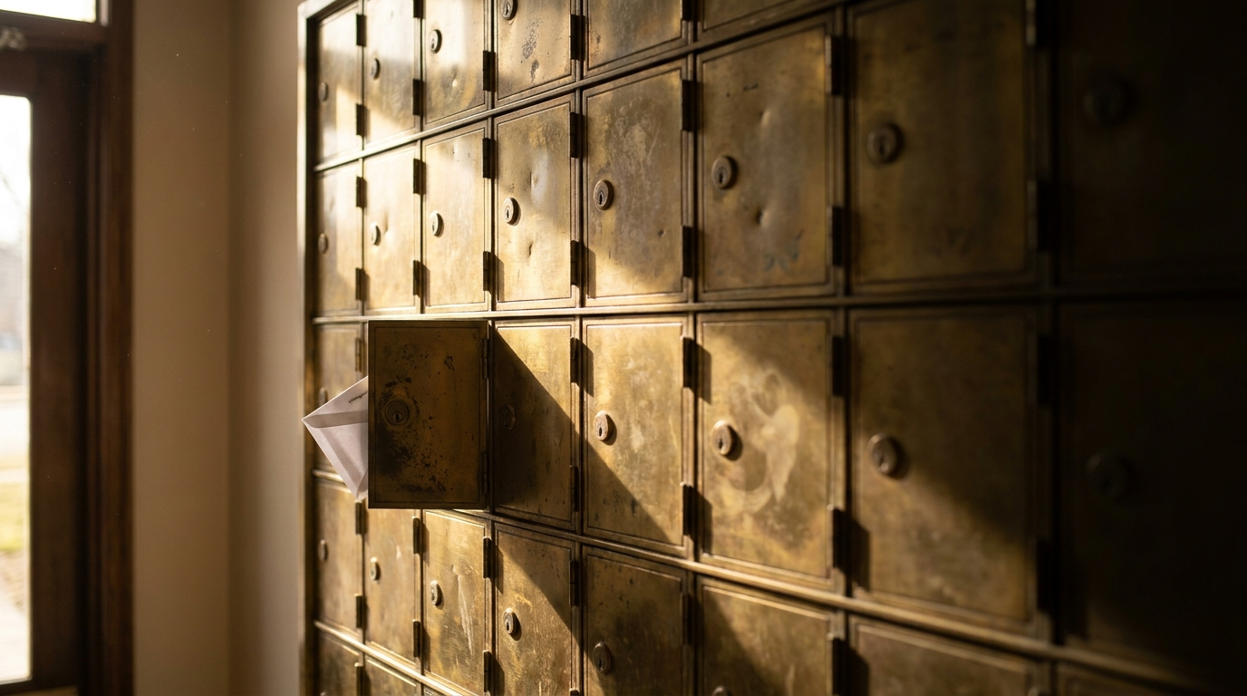 A wall of brass apartment mailboxes with one door ajar and an envelope corner visible