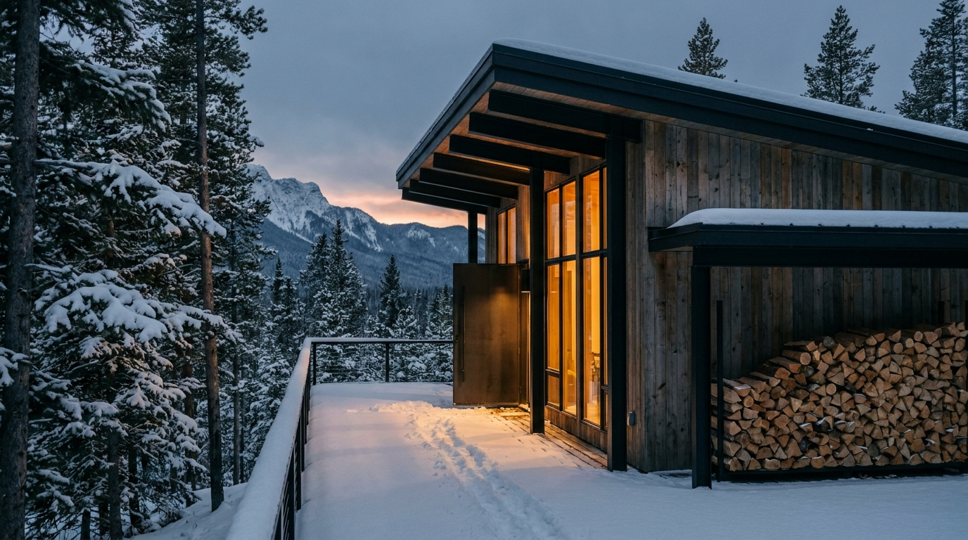 Timber and steel cabin in the Canadian Rockies glowing at blue hour in early winter, the kind of property most often booked direct rather than through a platform