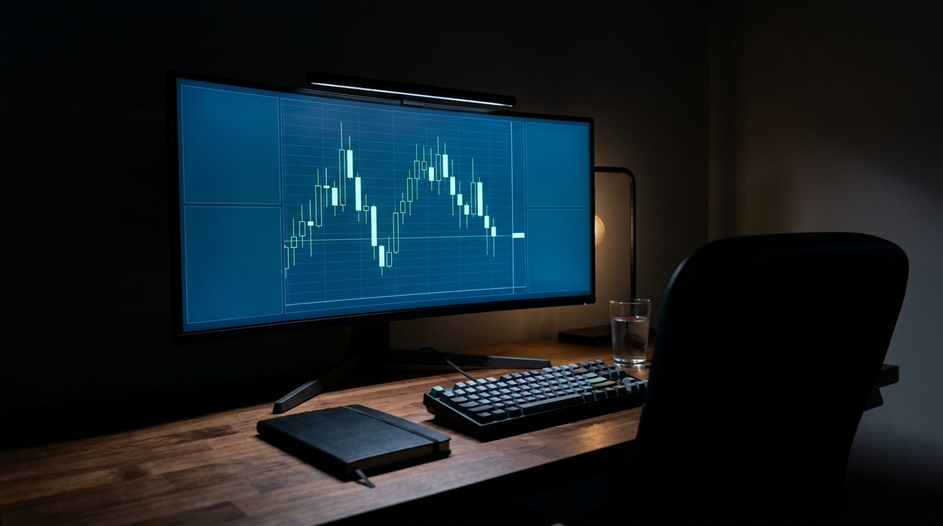 A candlestick chart on a monitor in a darkened office