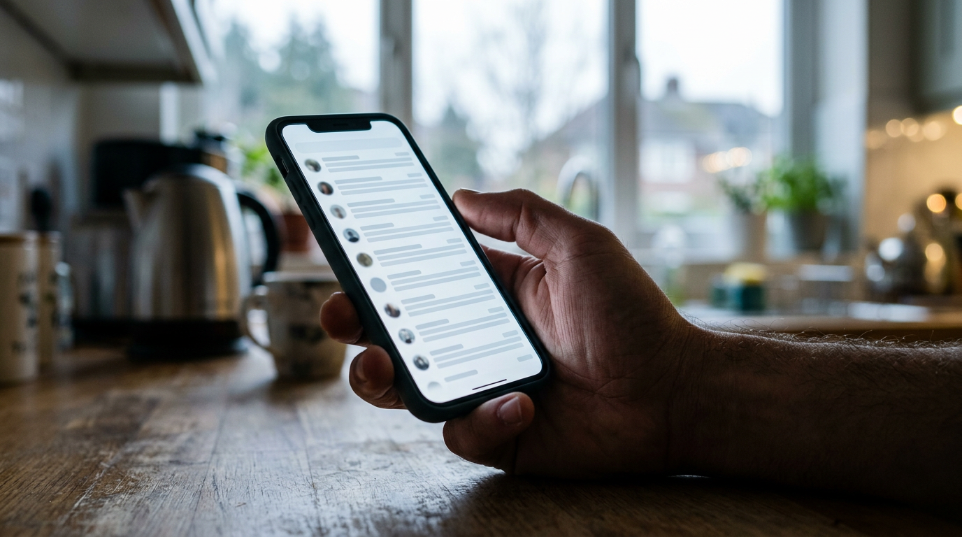 A phone held at a kitchen counter showing an email inbox as blurred message rows, representing a commercial electronic message under CASL